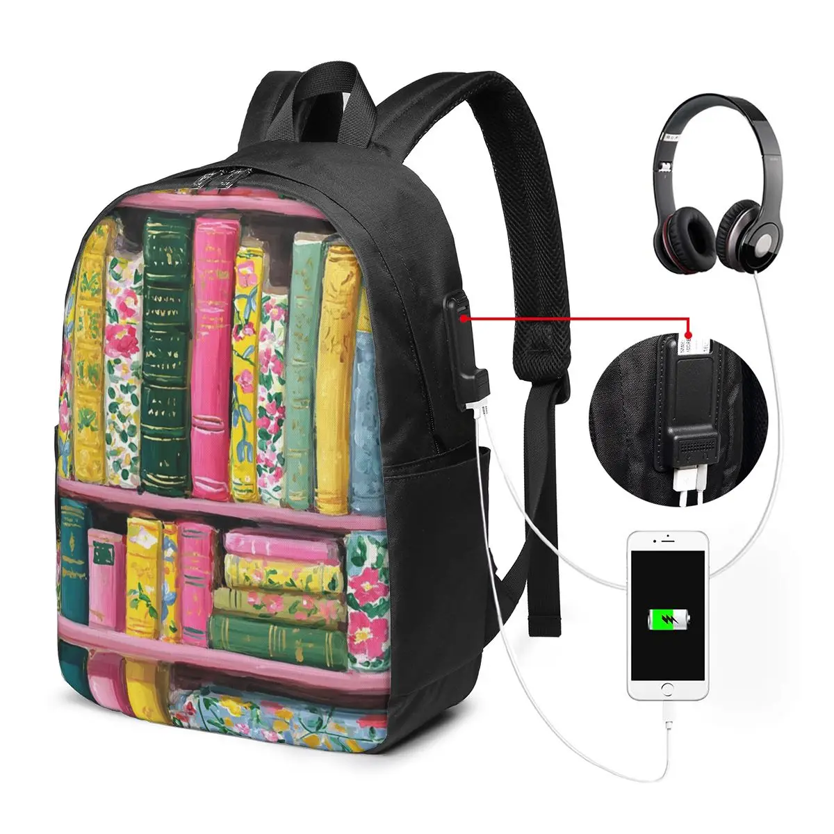 Colorful Bookshelf And Flower Backpack Travel Notebook Bag Computer College Student School Bag Laptop Shoulder Bags Men Women