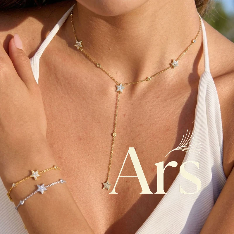 Ars 18k Gold Plated Star Charm Y Necklace Bracelet for Women Non Tarnish Stainless Steel Tie Necklaces Bracelets Jewelry Sets