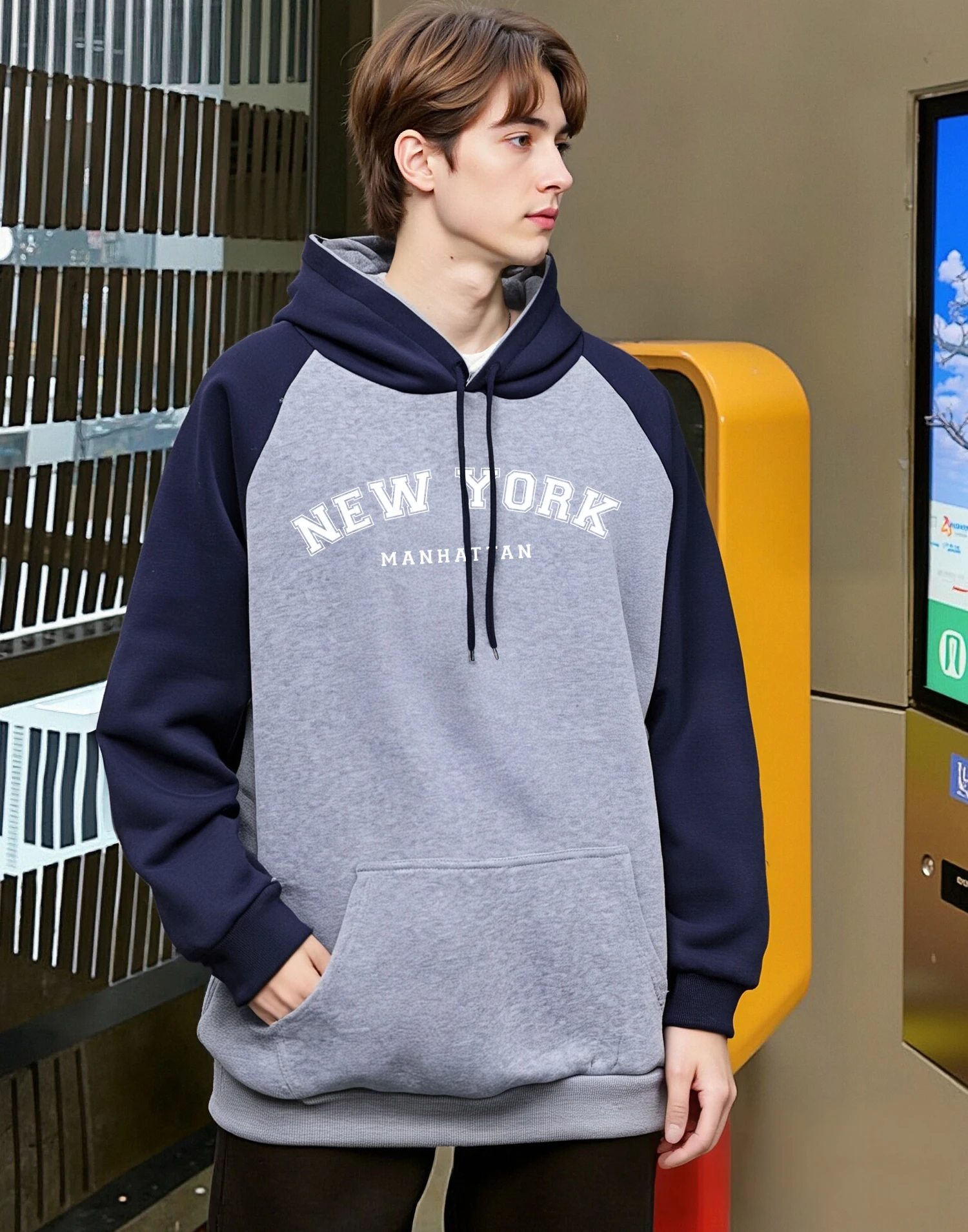 New York Manhattan Print Herren Raglan Hoody Casual Pocket Hoodies Herbst Warme Kleidung Fleece Unisex Vintage All-Match Hoodie