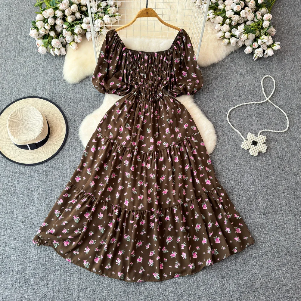 2026 nieuwe zomer bloemenprint lange jurk vrouwen vintage vierkante hals ruches borst sjerp bandage zonnejurk party vestidos