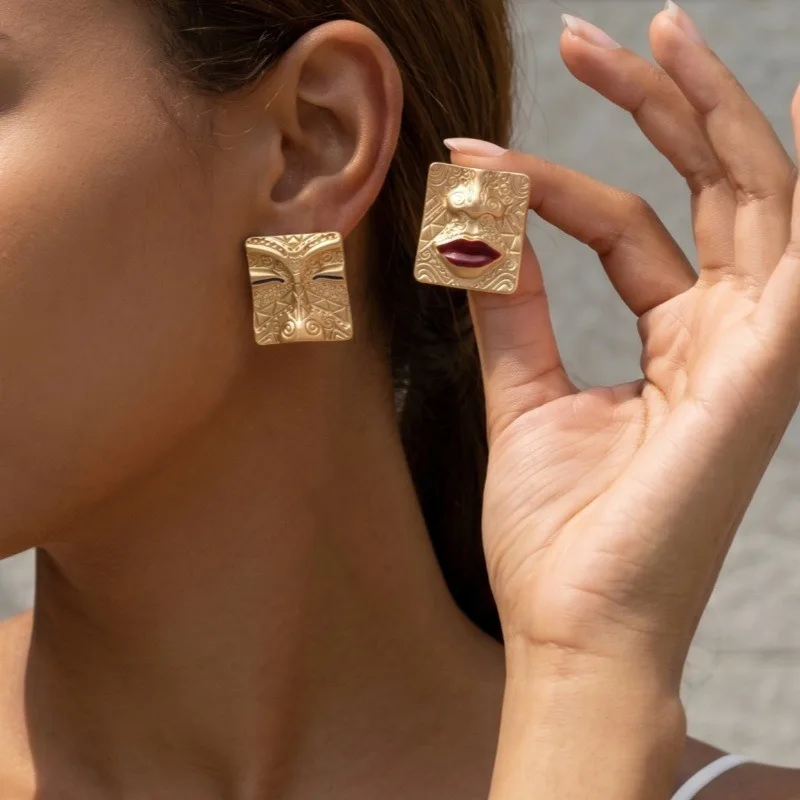 Abstract Geometric Tribal Human Face Earrings Retro Asymmetric Red Lips Earrings Artistic Statement Jewelry Gift For Women