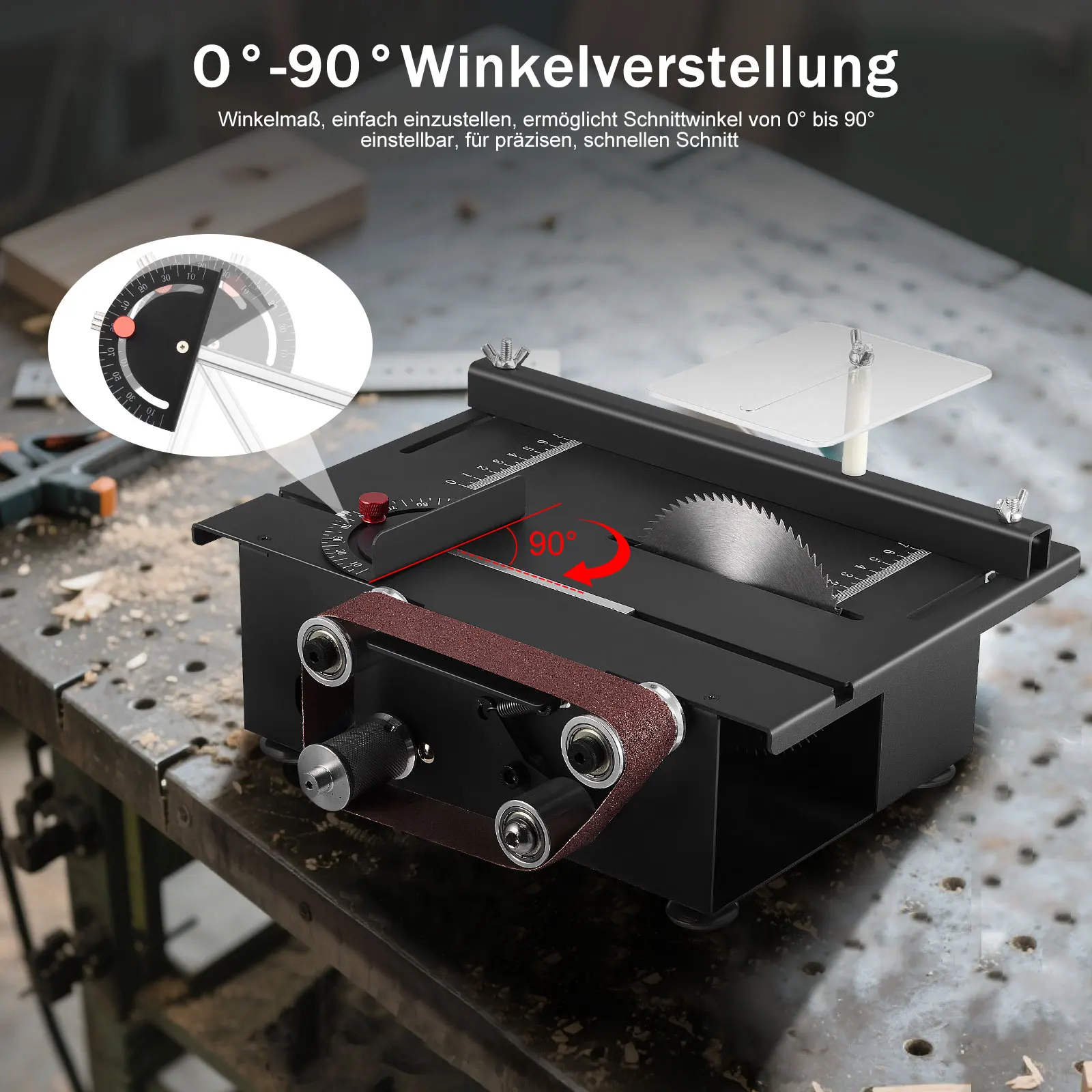 200W Mini Table Saw Belt Sander Portable DIY Saw with 4 Blades 0.1-30mm Cutting for Wood Craft Handmade Making