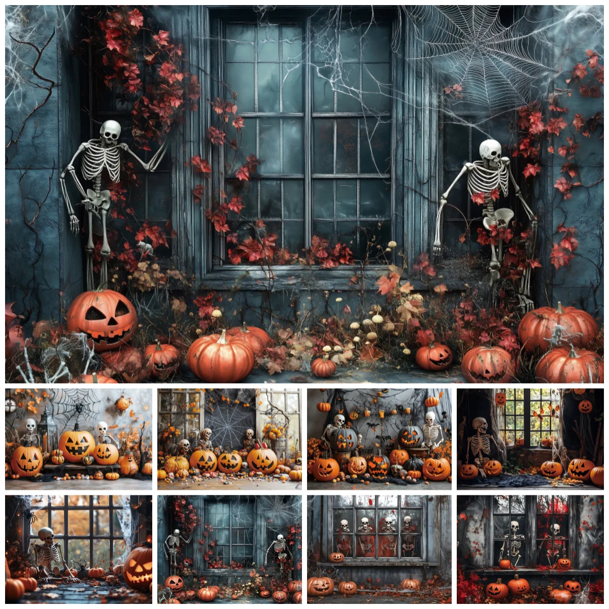 Halloween Skeleton Window Photography Background Pumpkin Spider Web Backdrop Family Holiday Party Kids Portrait Photo Studio