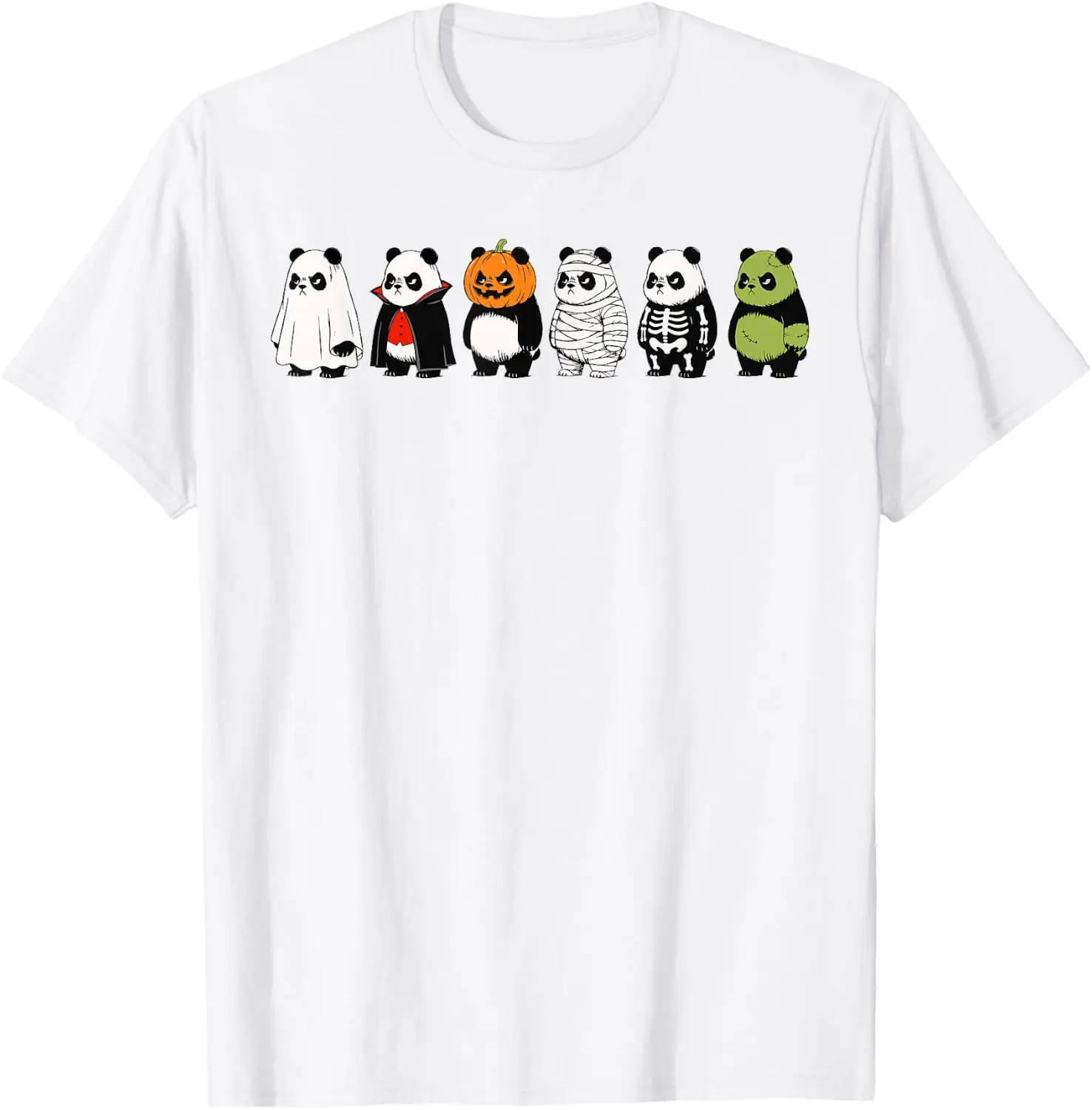Grumpy Panda Skeleton Mummy Zombie Pumpkin Funny Halloween T-Shirt Men's Spooky Halloween Graphic Print T‑Shirt, Crew Neck Short Sleeve Casual Cotton Tee For Holiday Party Daily Street Wear.