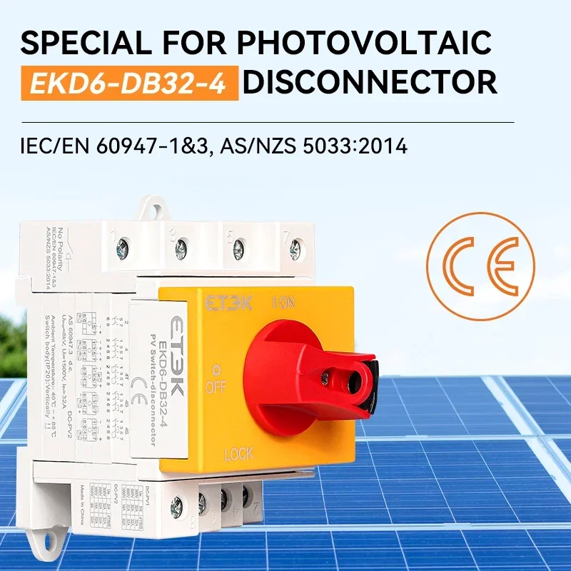 ETEK 4P PV Solar DC Isolator Switch 1000V 32A Din Rail Rotary Switch Disconnector for Solar Rotating Handle EKD6-DB32-4