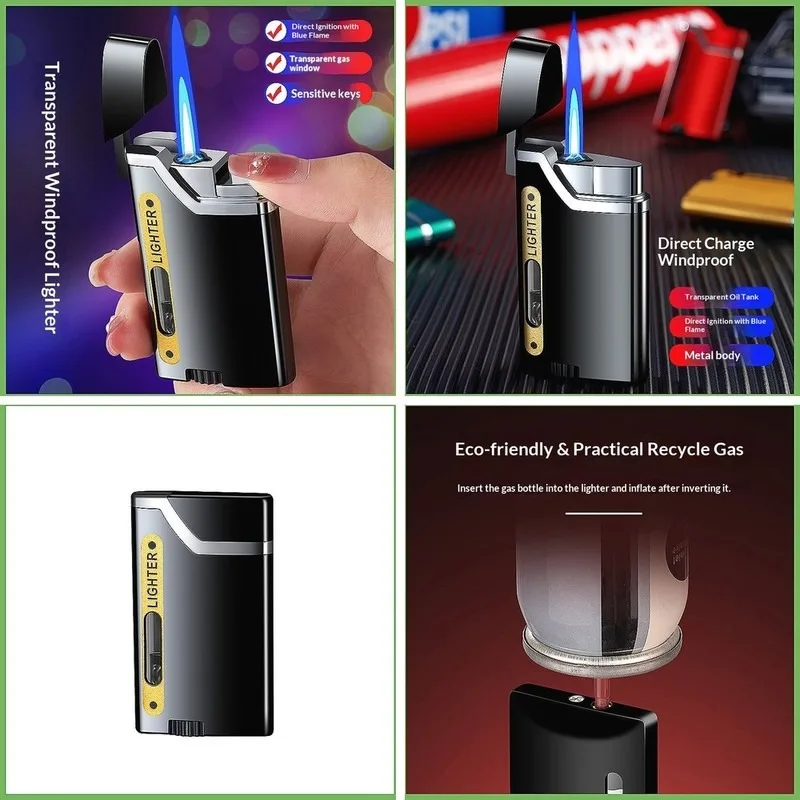 Creative and personalized visual gas flip up straight forward blue flame men's high-end durable ultra-thin windproof lighter