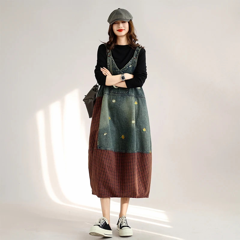 Retro Workwear Style Embroidered Denim Dress Midi Length Sleeveless Patchwork Large Size Overalls Casual Loose Fit Cotton