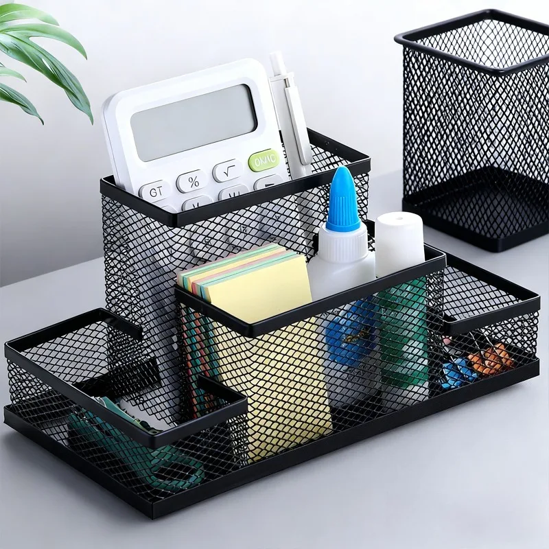 1pcs Simple Style Storage Box Desk Organizer Pen Holder Creative Four-Compartment Pen Holder Storage Box Desktop Office Supplies