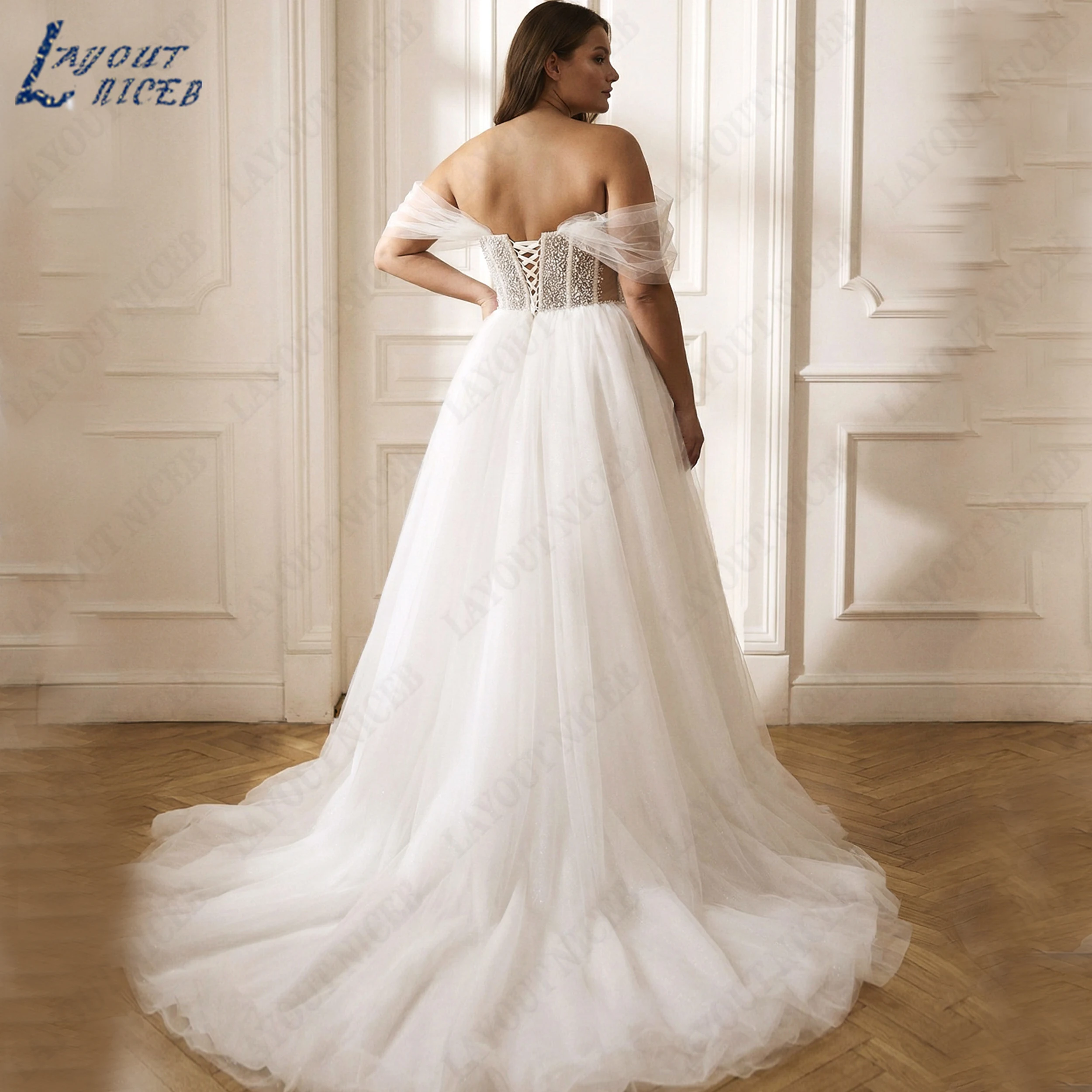 LAYOUT NICEB A Line Off Shoulder Bridal Gowns Plus Size Sweetheart Bride Dress Glitter Tulle Beaded Wedding Dresses Customized