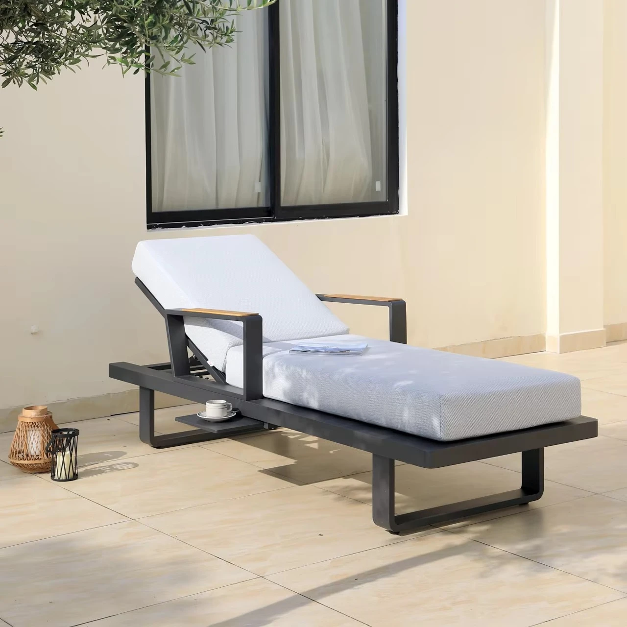 dg-  Day Bed Comfortable Sun Lounger with Arm and Pull-out Drawer for Garden Leisure