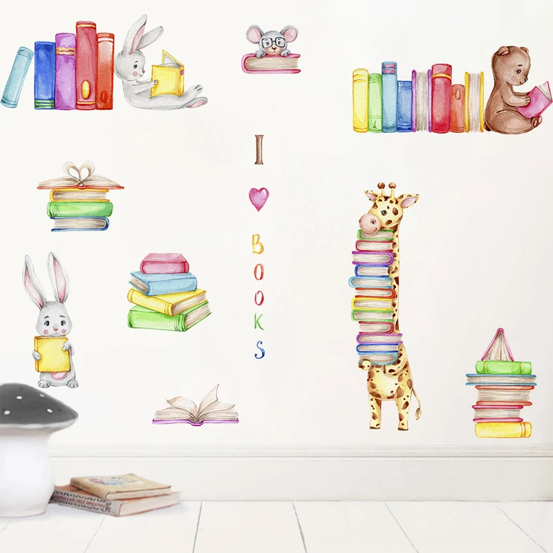 Pegatinas de pared de jirafa, oso, conejo, patrones de lectura de animales de dibujos animados esenciales para habitaciones de niños, haciendo que