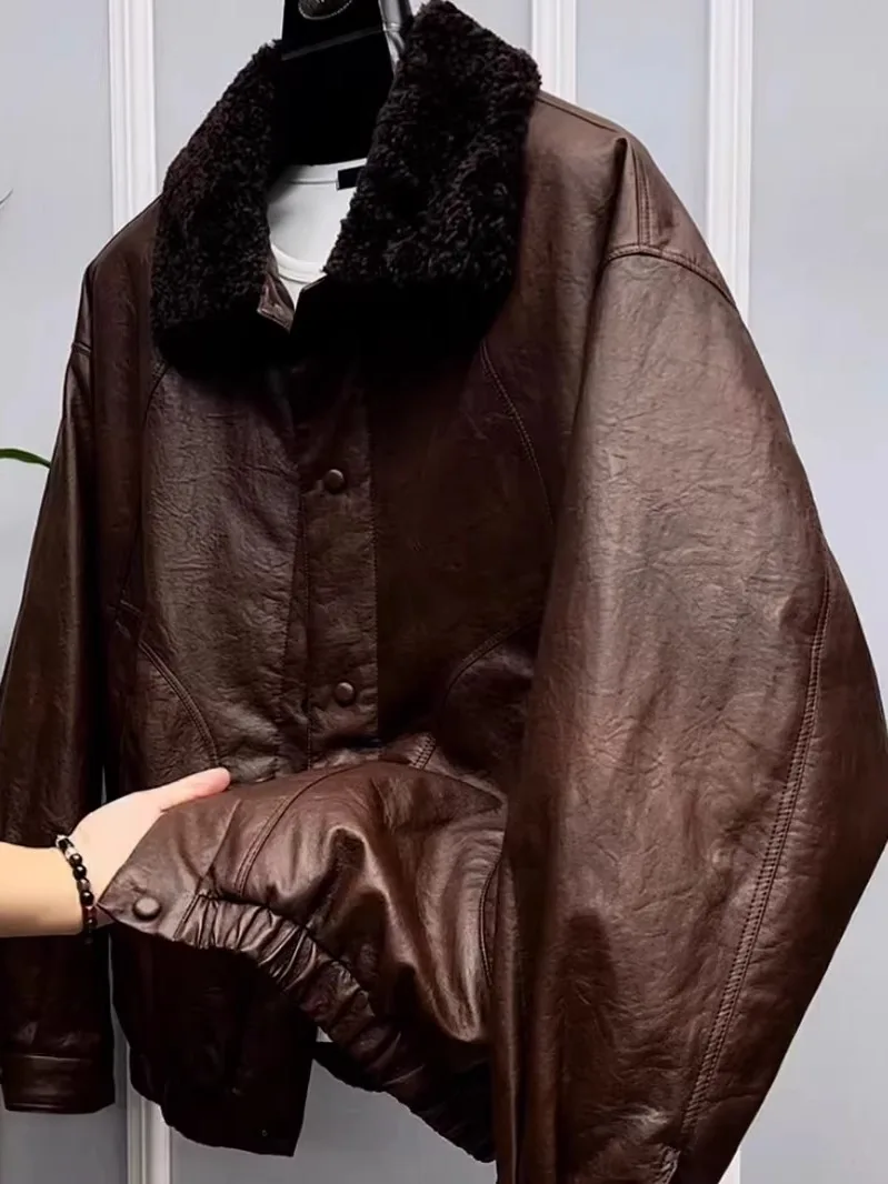 

Men's PU Leather Jaet Winter New Sle Warmth Collar Fce Lined Coat Sli Versatile High-End Feeling Autumn Winter