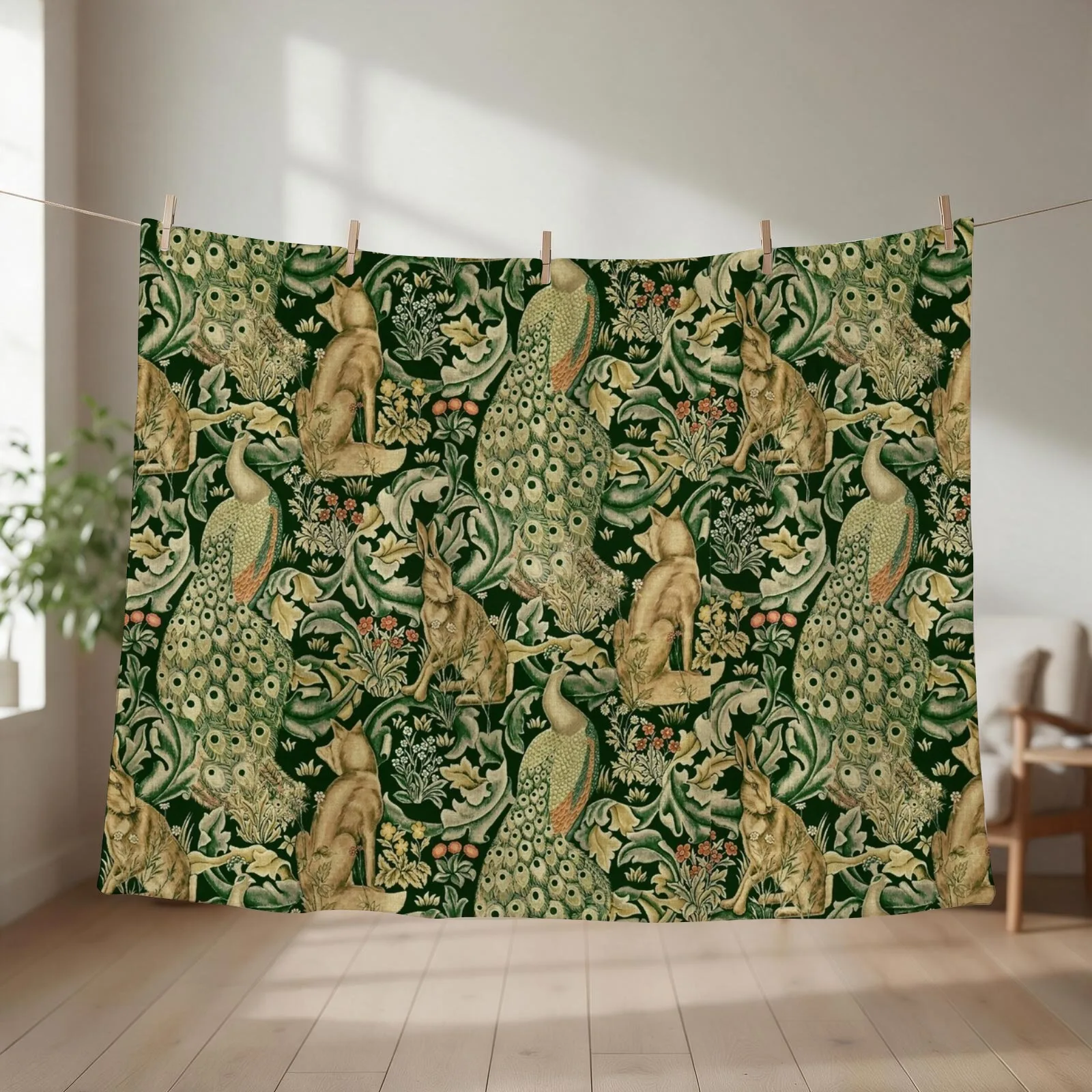 GREEN FOREST ANIMALS ,PEACOCKS, FOX AND HARE Throw Blanket