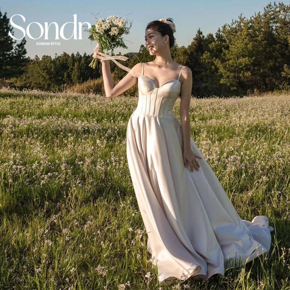

Sondr Customized Elegant Satin Korean Wedding Dresses A-Line Lace-up Spaghetti Straps Sweetheart Chic Bride Prom Party Gown