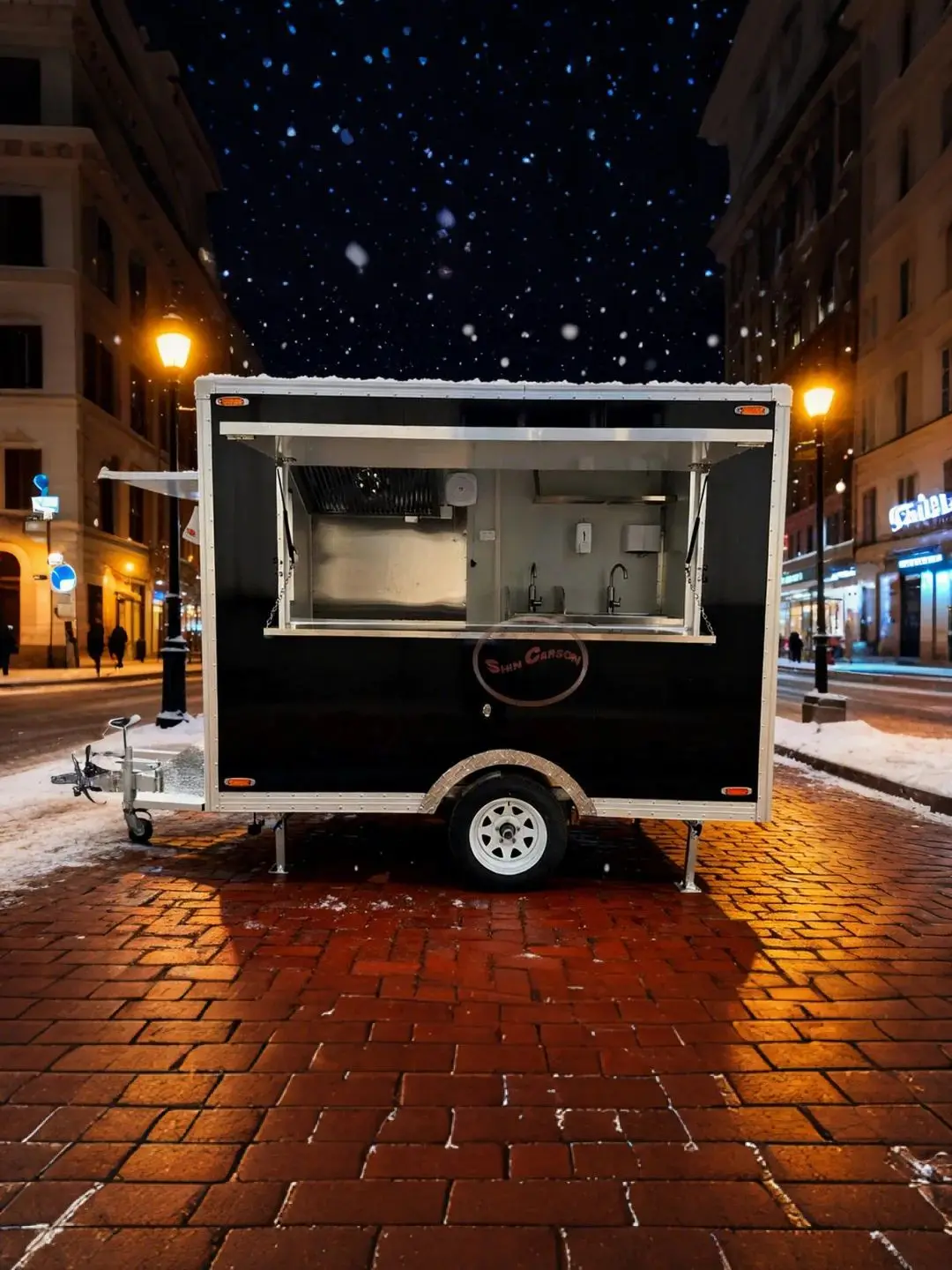 Outdoor Food Trailer Main Body with Retractable Awning Black & Silver Metal Frame Mobile Kitchen Towing Feature
