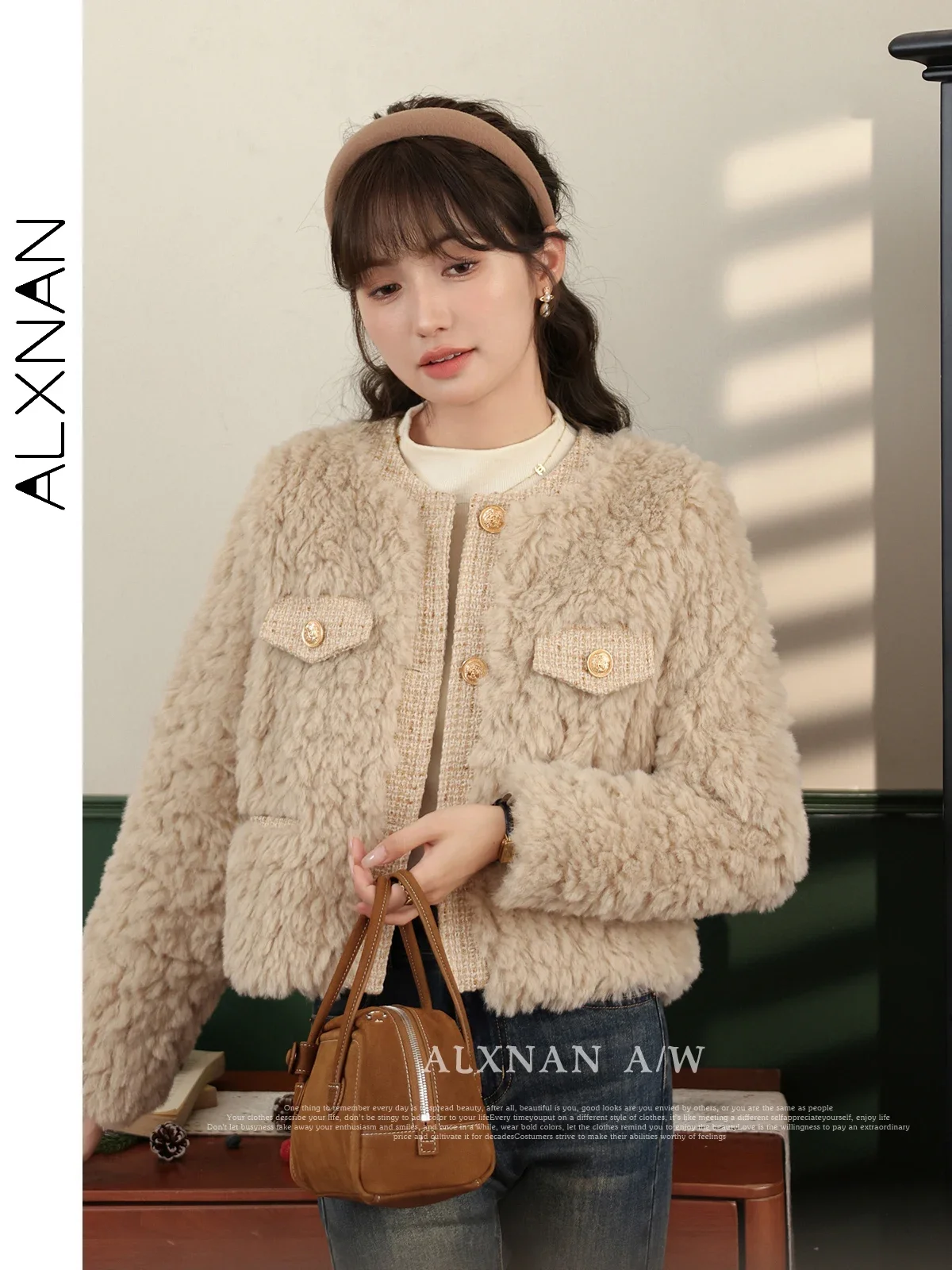 

ALXNAN Lamb Wool Jackets for Women 2024 Fall Winter Sweet O-neck Single Breasted Straight Long Sleeve Outerwear Female LXN325138