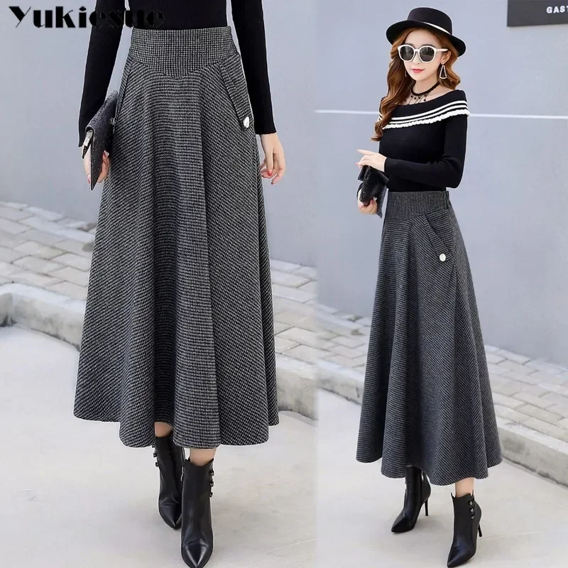 Korean Style Vintage Woolen Thick Skirt High Waist Fashion Warm Plaid Ladies A-line Umbrella Skirt Skirt Women New 2023 Winter