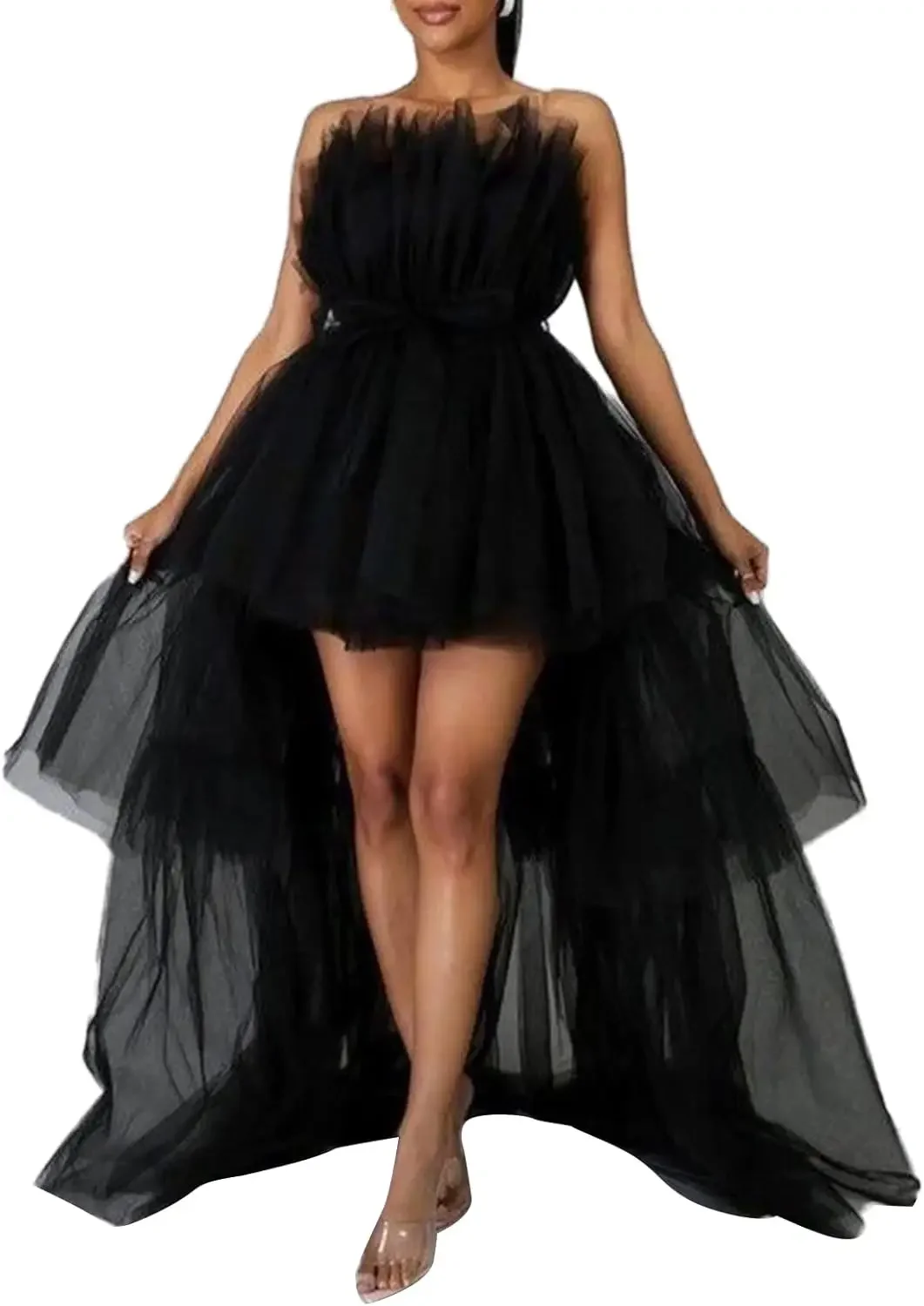 

High Low Tulle Prom Dress for Women Elegant Off The Shoulder Flowy A-Line Mini Dress Cocktail Party Evening Gown