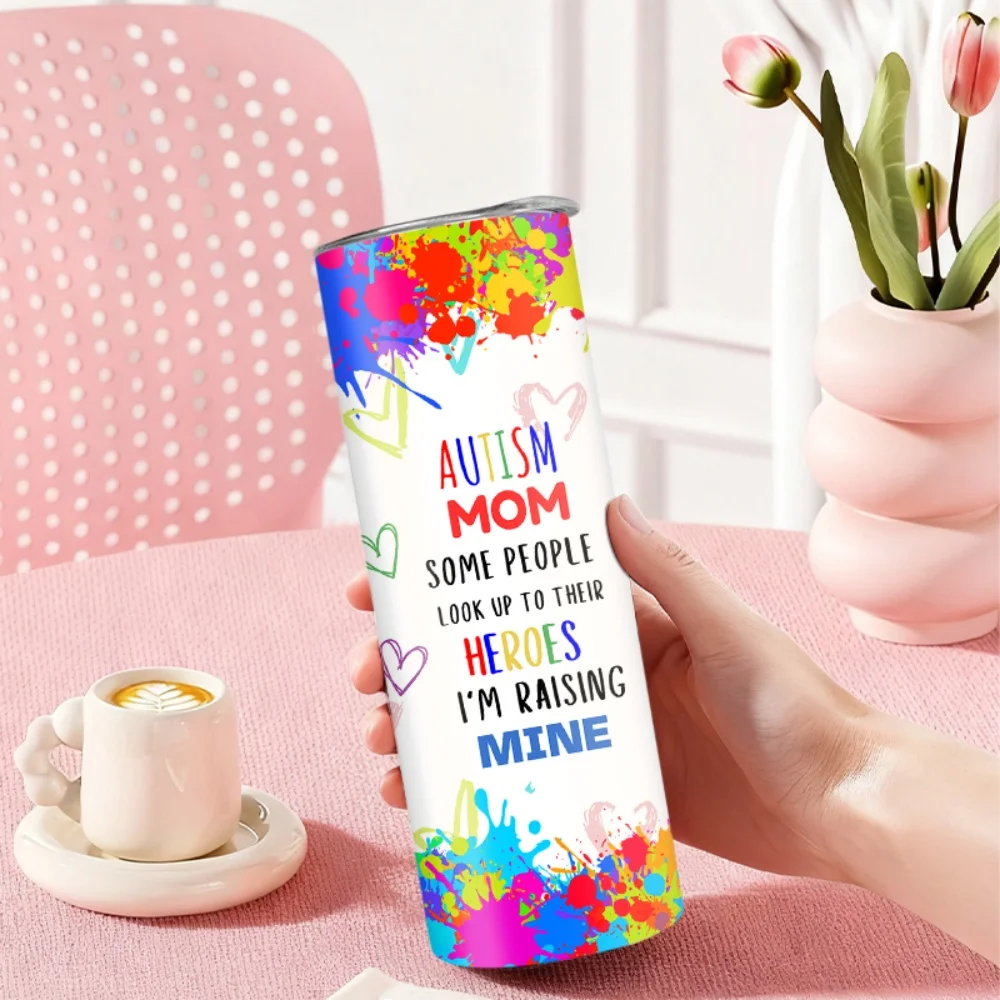 1pc 20oz straw water bottle, insulated stainless steel water cup with colorful graffiti heart pattern for mothers with autism.