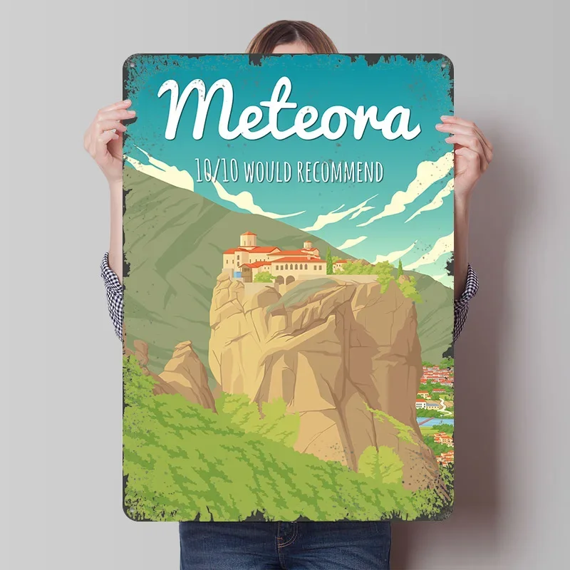 Meteora Greece Travel Poster Customized Wall Art Vintage Metal Signs Retro Tin Plaque for Man Cave Decoration Room Office Decor