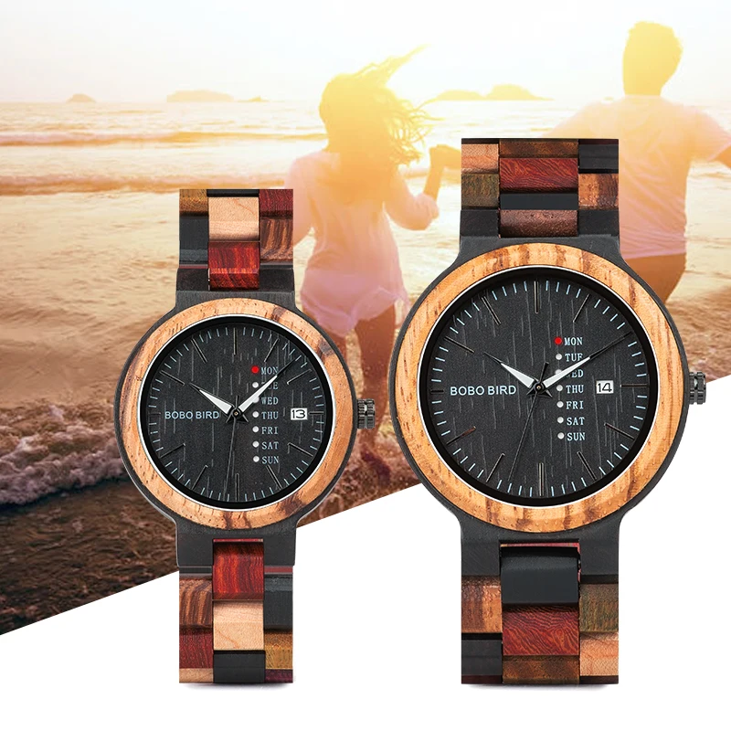 BOBO BIRD Couple Watches Wood Quartz Wristwatch Week Date Timepiece Luminous Display Colorful Wooden Band Wedding Gift Watch