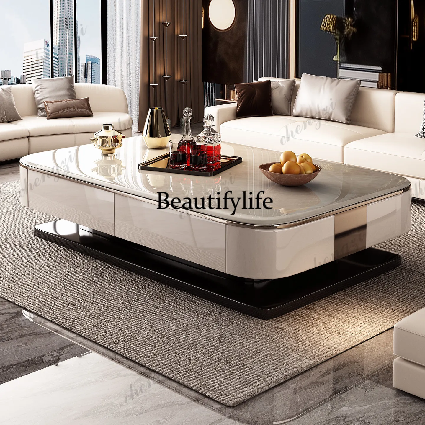 Modern light luxury solid wood microcrystalline stone coffee table small apartment living room home high-end double-layer