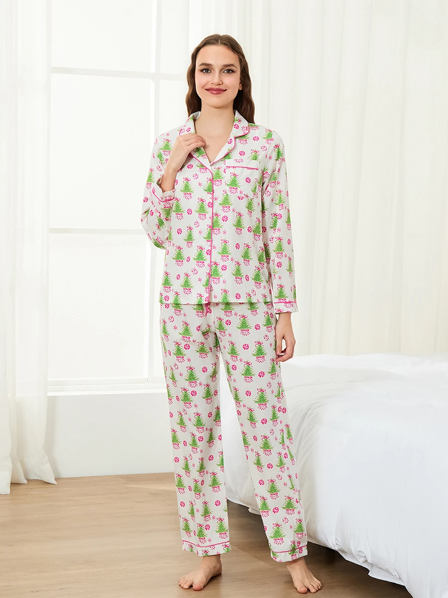 Set piyama natal wanita mode baru, kemeja lengan panjang motif rusa/pohon/karangan bunga dengan celana pakaian tidur