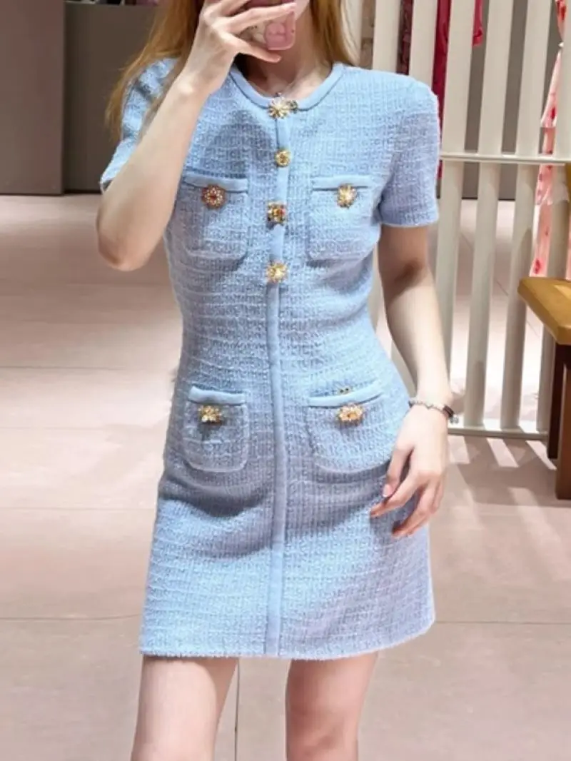 Women Diamond Buttons Knit Dress Solid Color Short Sleeve O-Neck Holiday Summer 2024 Mini Robe