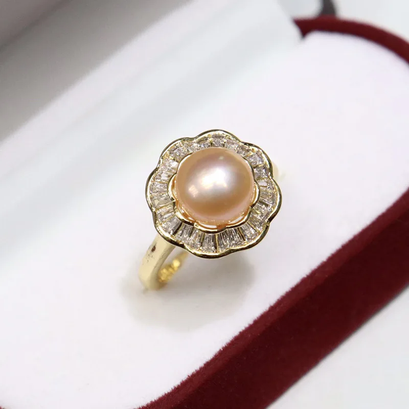 

Freshwater Pearl Ring for Women 8-9mm Strong Luster Slightly Flawed Niche Open Design 18k Full Zircon Micro Inlay Jewelry 109