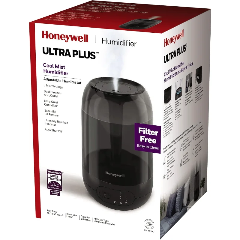 Umidificatore ad ultrasuoni a nebbia fredda Honeywell, con vassoio per oli essenziali, controlli touch, spegnimento automatico, uscita nebulizzata a doppia direzione, nero