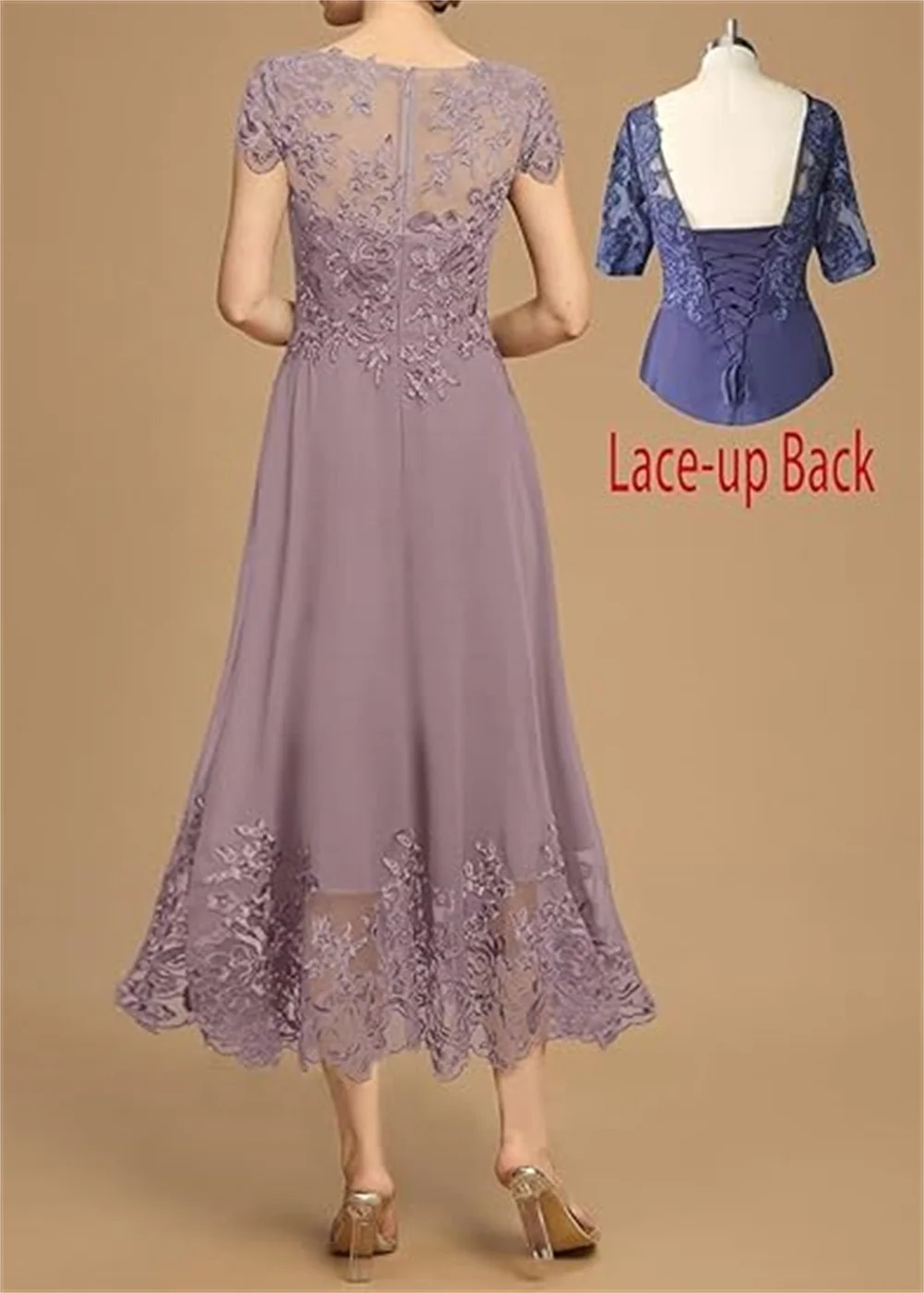 تخصيص ألف خط المرأة فساتين أم العروس طول الشاي لحفل الزفاف الشيفون الأربطة يزين فستان الجدة قصيرة الأكمام #2