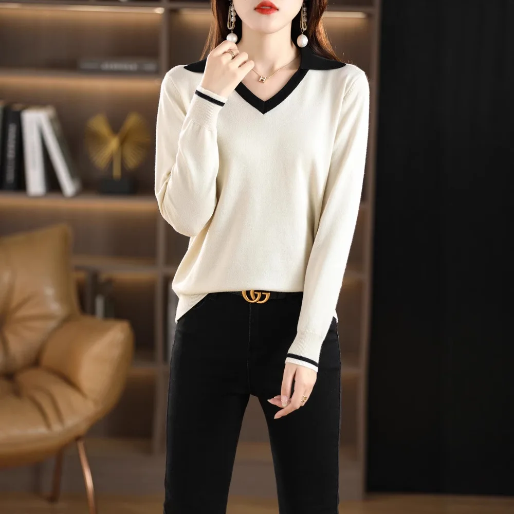 

Long Sleeve Base Shirt Elegant Commute Style Top Silk-Like Cotton V-Neck Knitted Sweater Women's Autumn Winter Slimming
