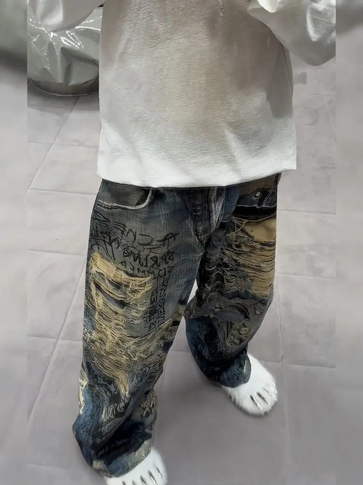 بنطلون جينز أمريكي عالي الشارع جديد ذو فتحة كبيرة مصبوغ قذرًا للسيدات Y2K Harajuku Punk سروال سبايس جيرل مطبوع عليه ألوان ممتد