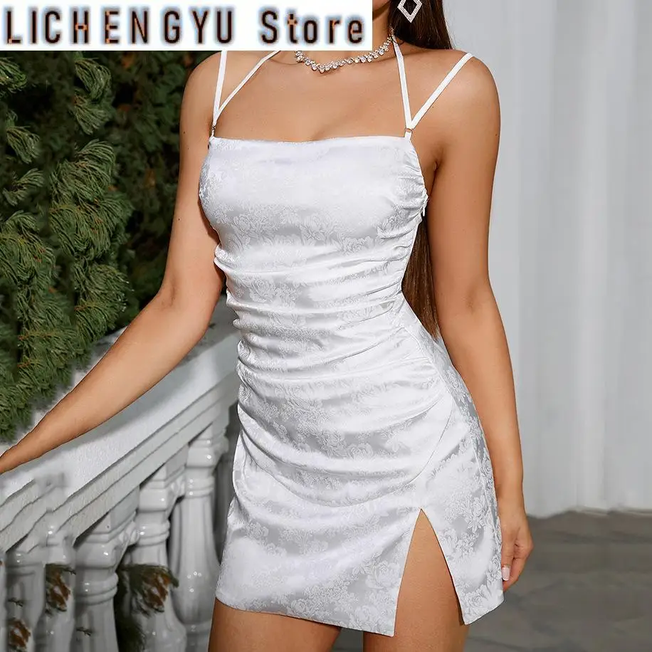 

New Spaghetti Strap Jacquard Satin Dress White Bodycon Birthday Party Dresses Mini Lace Up Summer Dresses Women