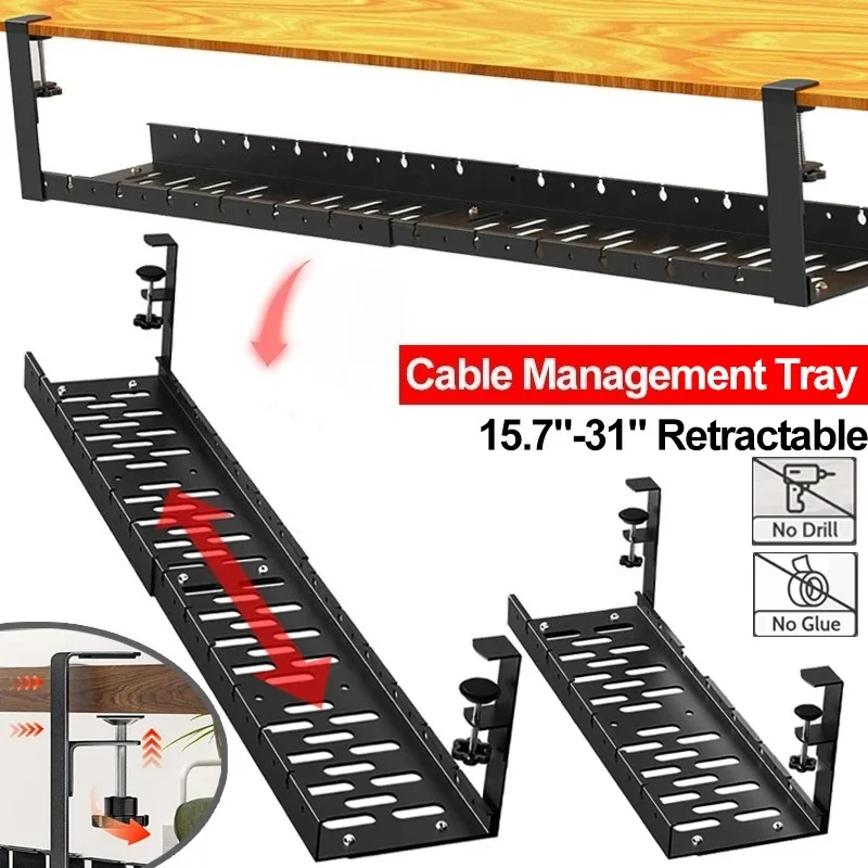 Under Desk Cable Management Tray 15.7"-31" Retractable Metal Wire Organizer Under Table Cord Management with Clamp No Drilling view 6