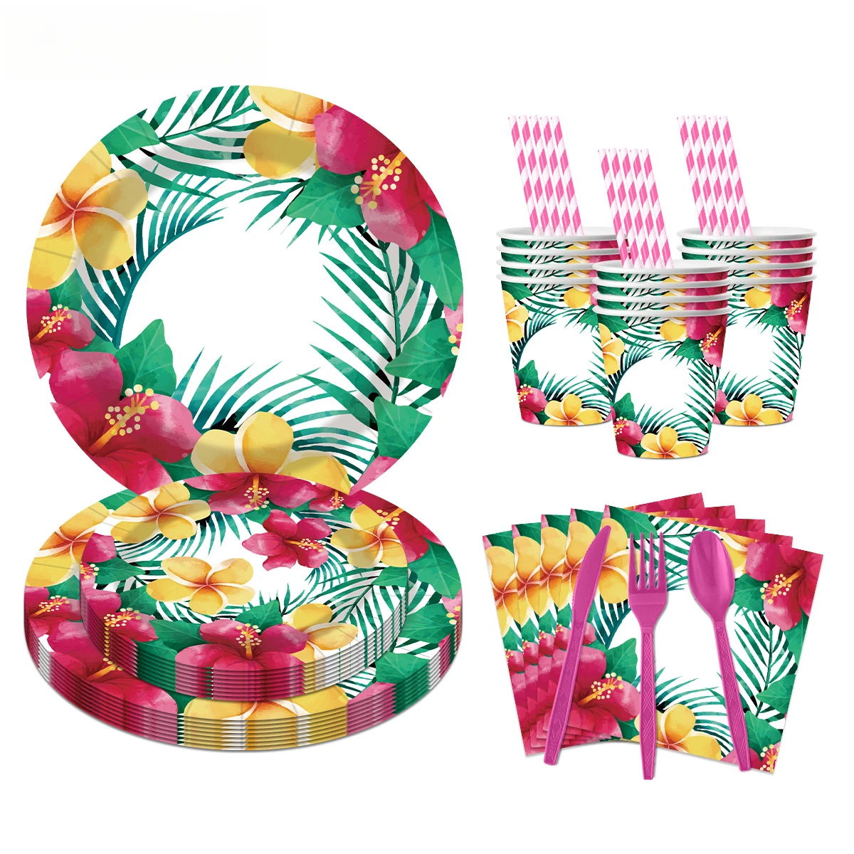 240pc Hawaii Hibiscus Birthday Theme Disposable Paper Cups Paper Plates Party Set Tableware Supplies Birthday Party Decorations