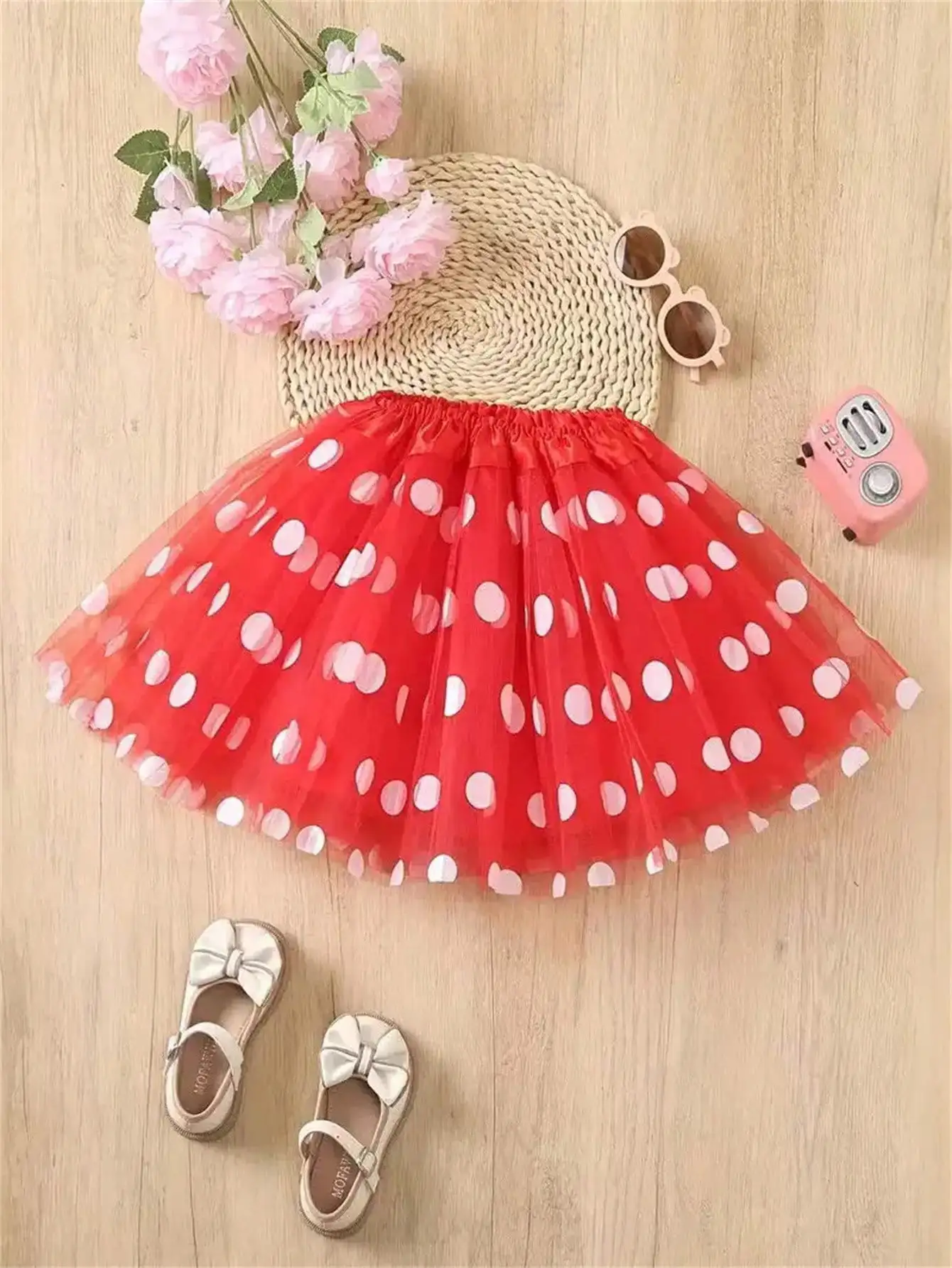 Character Dance Party Costume Prop Set: White Polka Dot Mickey Mouse Tulle Tutu Dress, Girl's Half Skirt