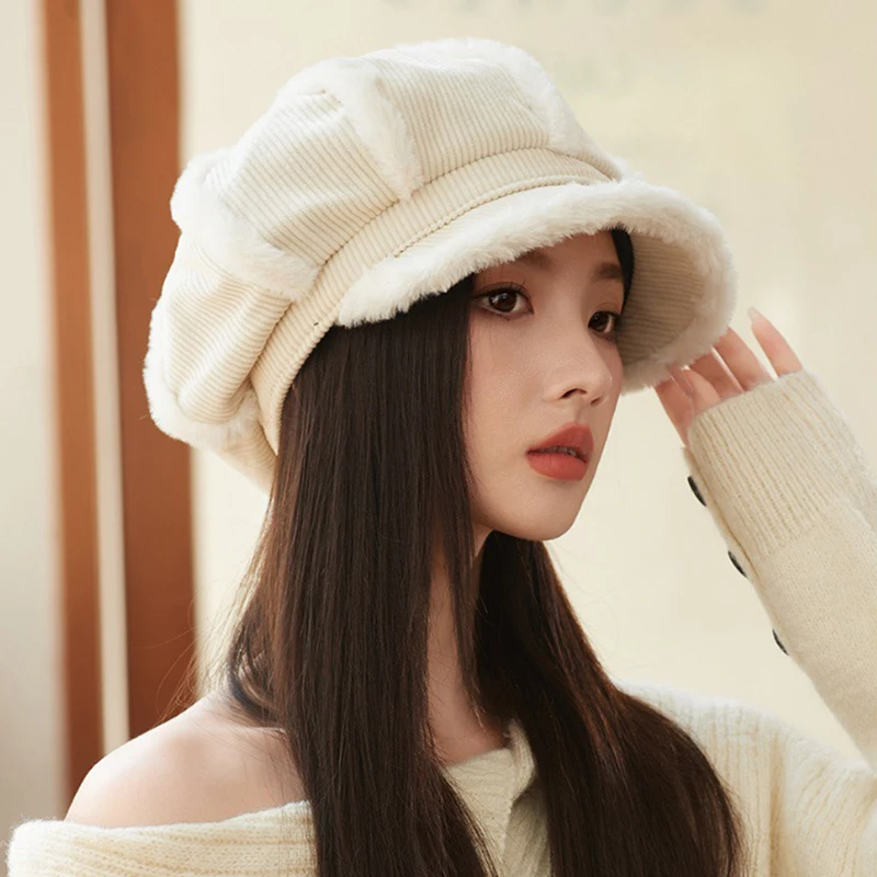 Winter Warm Corduroy Octagonal Hat Beret Painter Hat Newspaper Cap Women Retro Solid Color Corduroy Velvet Newsboy Cap