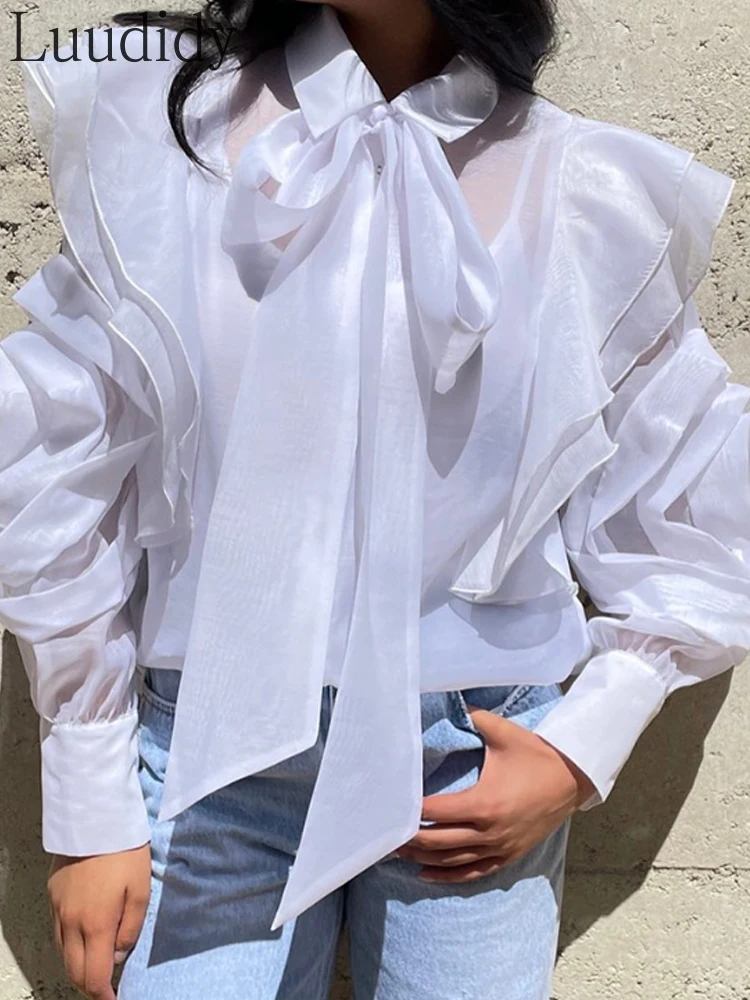 

Women Ruffle Hem Tie Neck Shirt