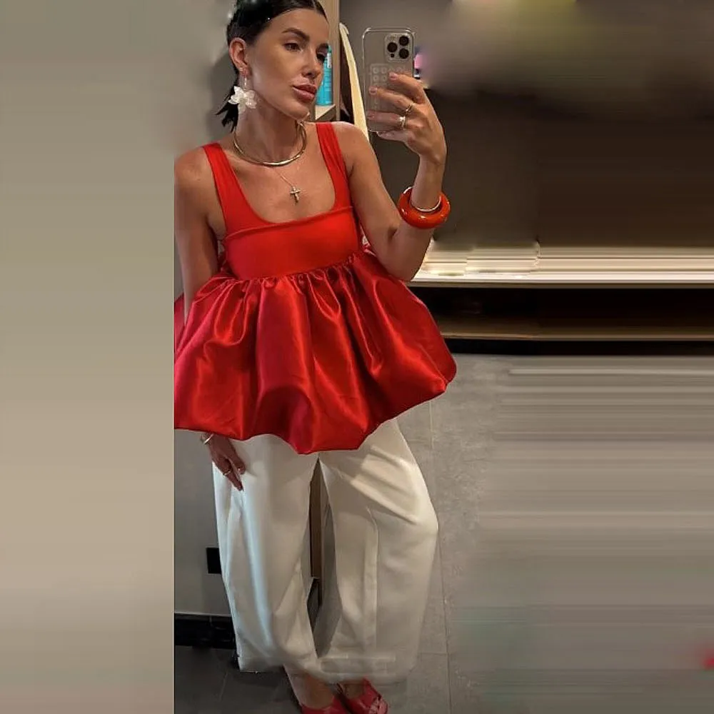 

Red Birthday Blouse Women Top Wihtout Bottom Satin Square Neckline Photography Party Blouse Peplum Female Woman Tank Tops