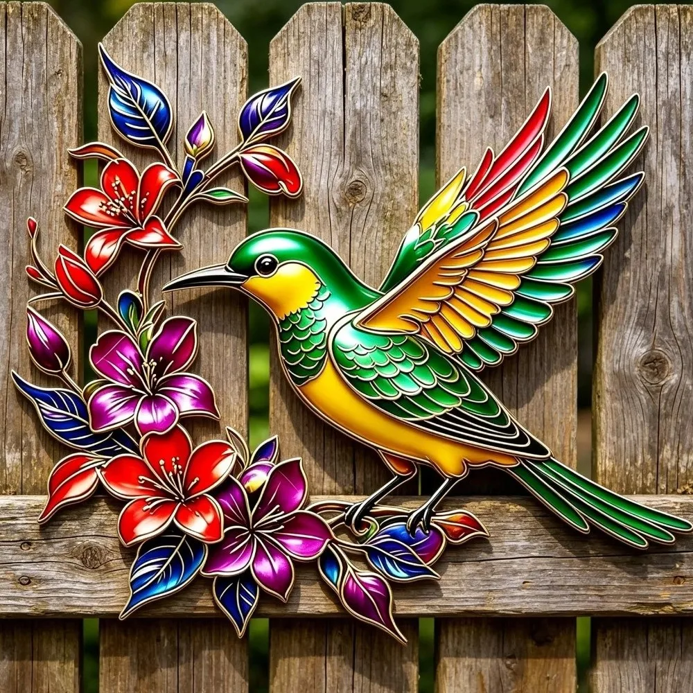 Colorful Flower Iron Art Bird Wall Hanging Weather Resistant Rustproof Metal Hummingbird Art Decor Hand Painted