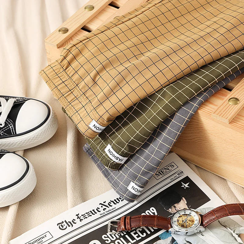 순면 체크무늬 신축성 있는 허리밴드 홈 캐주얼 팬츠 남성용 플랫 앵글 얇고 헐렁한 패션 수면 팬츠