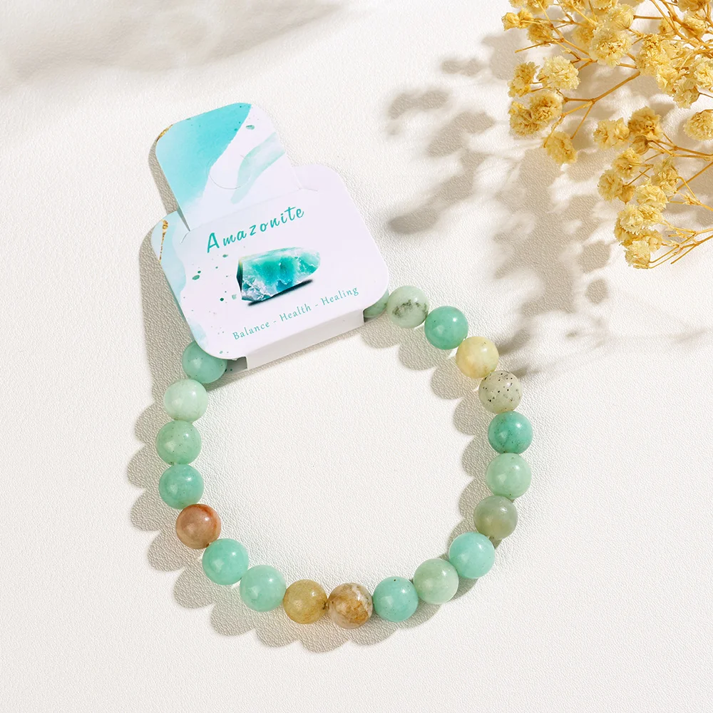 Natural 4/6/8mm Amazonite Stone Bracelets Smooth Round Beaded Bracelet Spiritual Reiki Elastic Bracelets with Card Jewelry Gifts