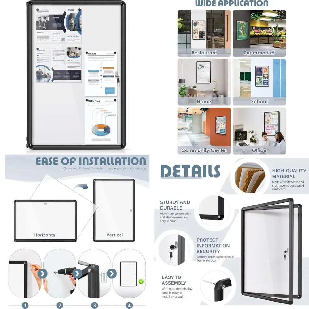 حافظة عرض آمنة مثبتة على الحائط، مقاس 36 × 24 بوصة، للاستخدام المكتبي/المدرسة/المنزل، مقاومة للكسر، إطار من الألومنيوم الأسود