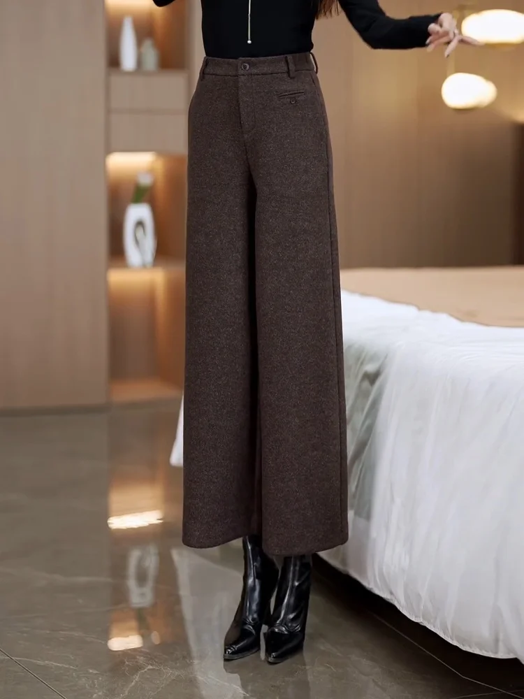 Khaki Wide Leg Nine Point Pants Women's High Waist Drape Warm Loose Fleece Straight Leg Trousers Commute Style Korean Version
