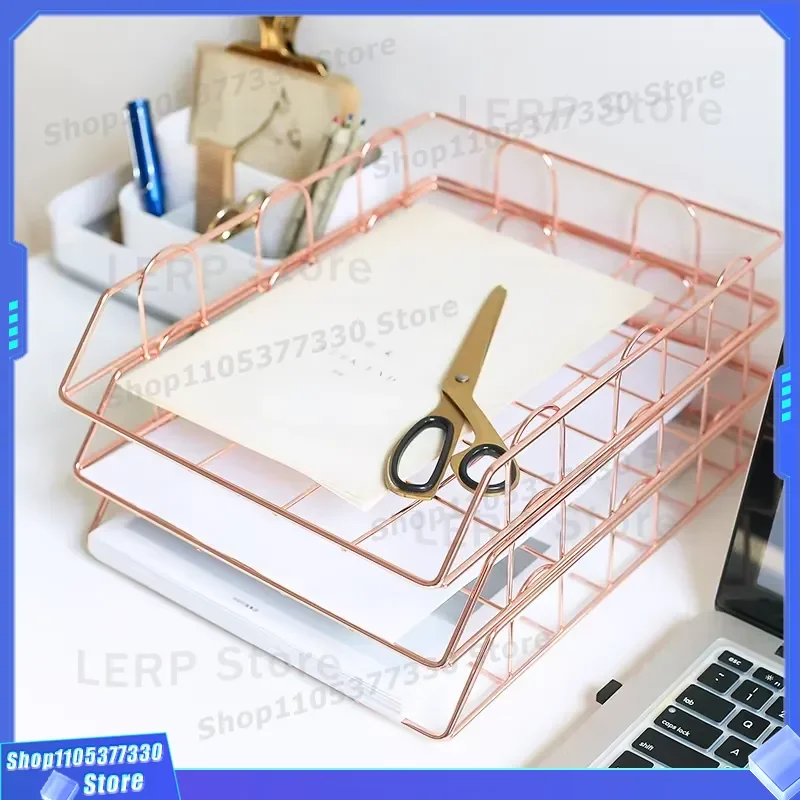 Rose Gold Metal Wire 2 Ply Paper Letter File Tray Organizer Stackable Desktop Document Holder With Bottom Support Frame For