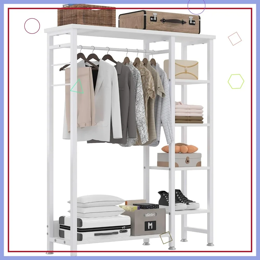 

Heavy Duty Garment Rack, Free-Standing Closet with 5 Shelves & Hanging Rod, Max Load 350LBS, White