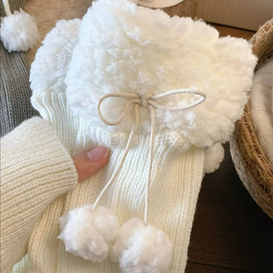 White Knitted Leg Warmer with Pom Women Winter Long Stockings Lolita Thigh High Knitted Sock Cute Japanese Cosplay Leg Warmer