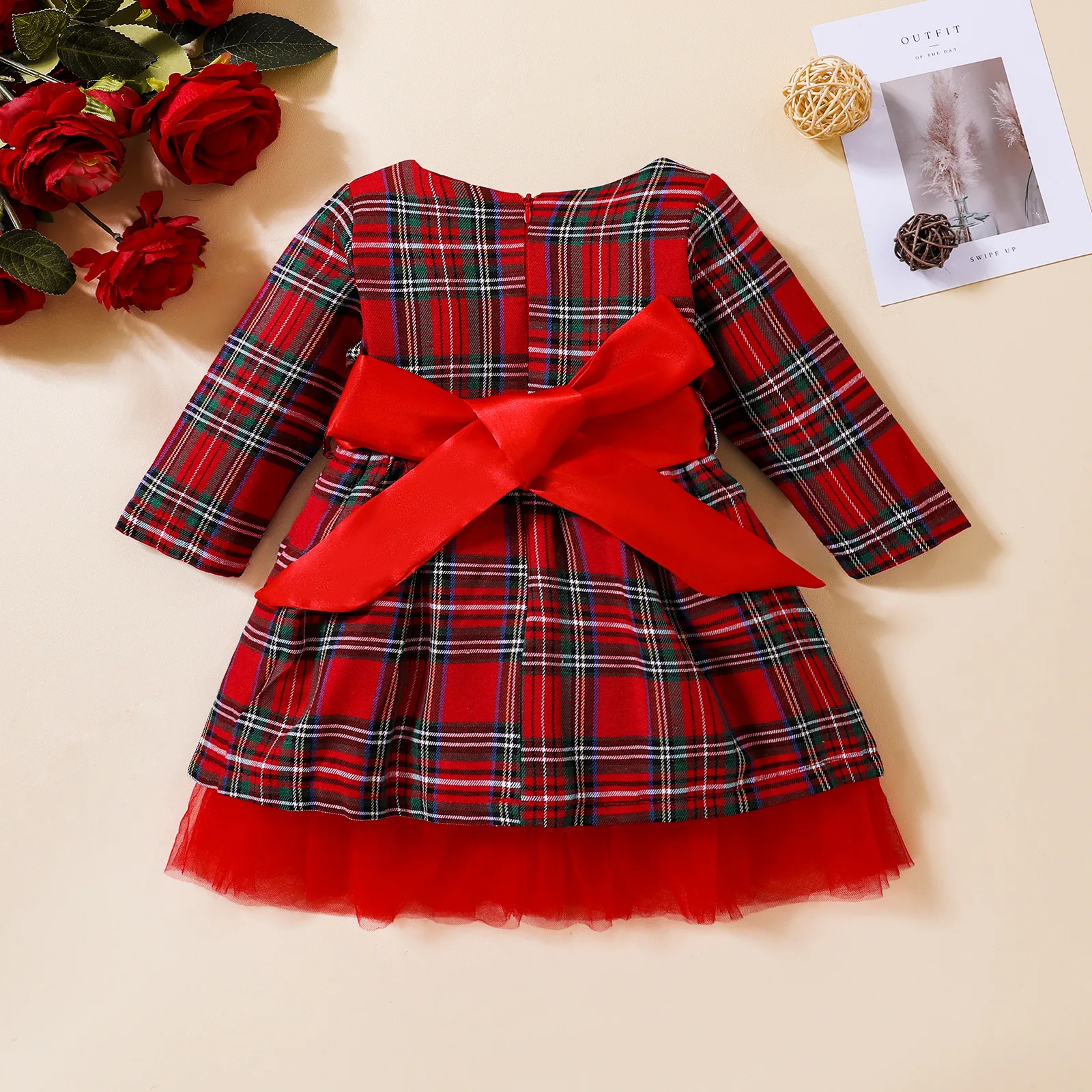 3 Months - 3 Years Old Kids Cosplay Dress Birthday Long Sleeve Christmas New Year Red Grid Princess Dresses for Baby Girl