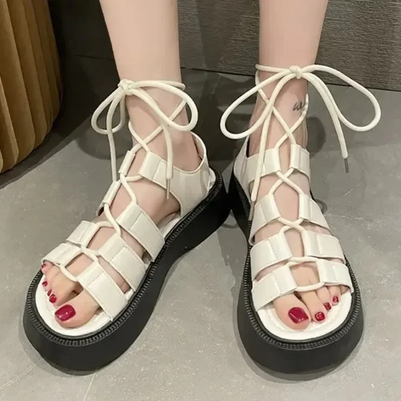 2024 Summer Sandals for Woman Women Solid Colors Lace-up Shoes Fashionable Outdoors Sandals Roman Style Beach Platform Footwear